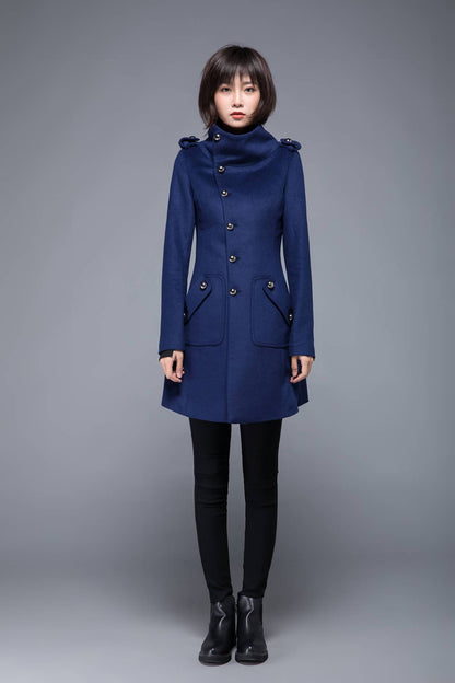 warm winter coat, blue coat, wool coat, womens jackets, midi jacket, coat, jackets, winter coat, fitted coat, pockets coat, C1216
