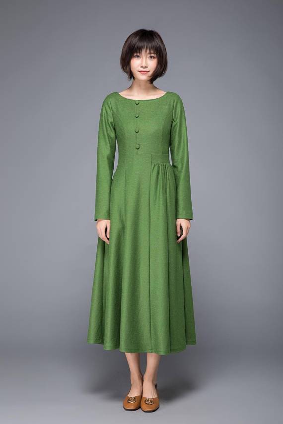 Long green dress, Warm dress, Wool winter dress, Elegant dress, Women dress, Tailored dress, Maxi dress, spring dress, Classic dress,  C1230