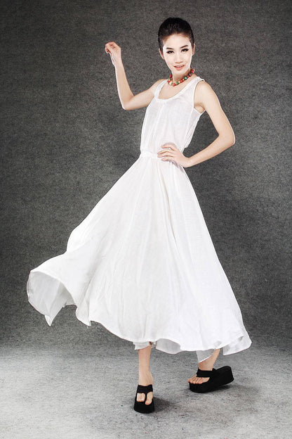 White Linen Summer Dress - Maxi Long Vest Top Sleeveless Pinwheel Dress with Drawstring Waist Sundress (C070)