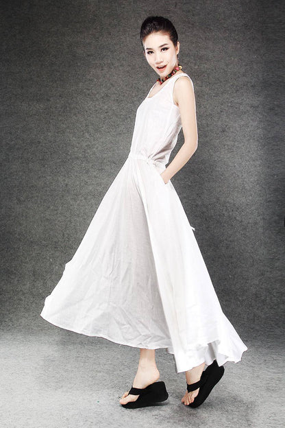 White Linen Summer Dress - Maxi Long Vest Top Sleeveless Pinwheel Dress with Drawstring Waist Sundress (C070)