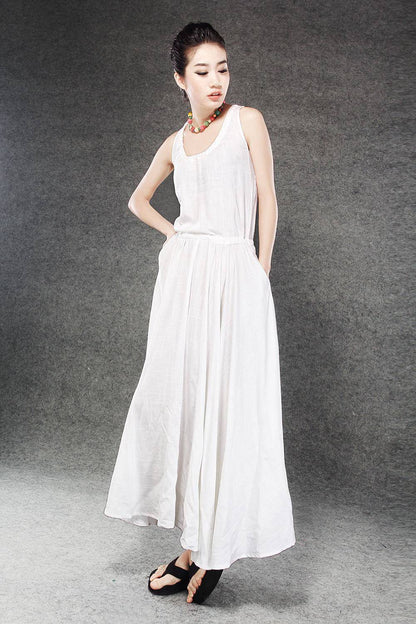White Linen Summer Dress - Maxi Long Vest Top Sleeveless Pinwheel Dress with Drawstring Waist Sundress (C070)