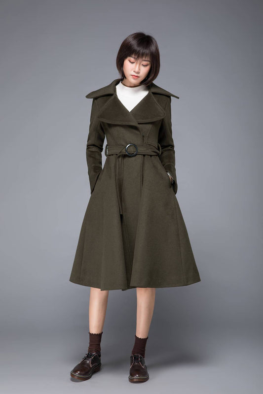long coat, winter coat, wool coat, warm coat, trench coat, army green coat, fitted coat, swing coat, coat with pockets, handmade coats C1228