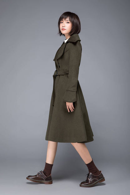 long coat, winter coat, wool coat, warm coat, trench coat, army green coat, fitted coat, swing coat, coat with pockets, handmade coats C1228