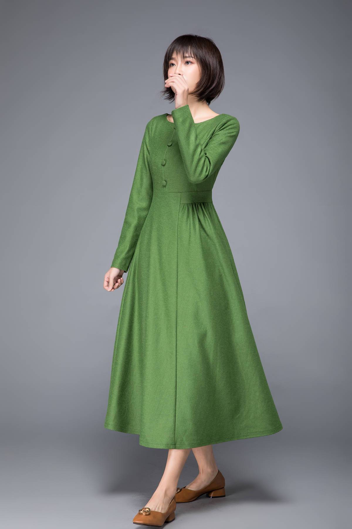 Long green dress, Warm dress, Wool winter dress, Elegant dress, Women dress, Tailored dress, Maxi dress, spring dress, Classic dress,  C1230
