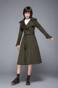 long coat, winter coat, wool coat, warm coat, trench coat, army green coat, fitted coat, swing coat, coat with pockets, handmade coats C1228