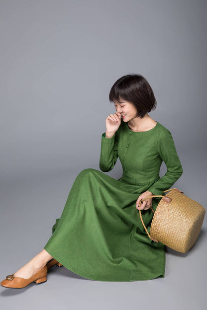 Long green dress, Warm dress, Wool winter dress, Elegant dress, Women dress, Tailored dress, Maxi dress, spring dress, Classic dress,  C1230