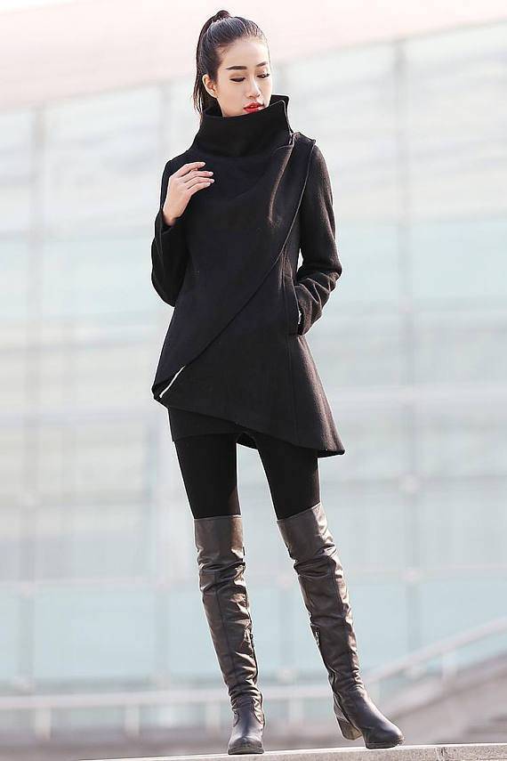 Asymmetrical coat, high collar coat C227