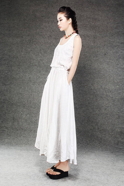 White Linen Summer Dress - Maxi Long Vest Top Sleeveless Pinwheel Dress with Drawstring Waist Sundress (C070)