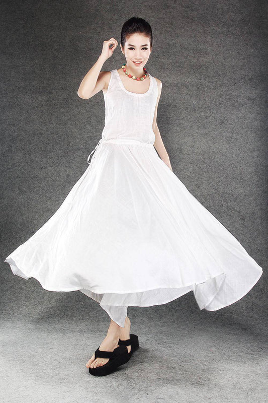 White Linen Summer Dress - Maxi Long Vest Top Sleeveless Pinwheel Dress with Drawstring Waist Sundress (C070)