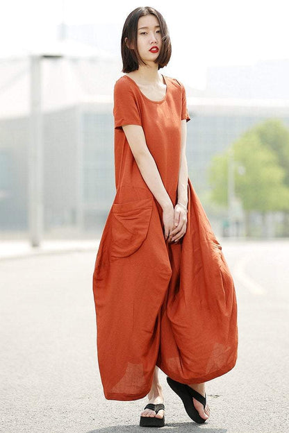 Orange Linen Dress - Womens Linen Clothing Casual Everyday Comfortable Plus Size Summer Fashion Basic Wardrobe Staple C351