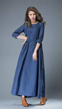 Load image into Gallery viewer, Maxi Blue Linen Dress - Cobalt Long Spring Summer Handmade Casual Everyday Woman&#39;s Dress with Half Sleeves C803
