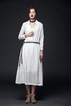 Load image into Gallery viewer, White Linen Dress - Maxi Long Open Neck Long Sleeve with Tiered Skirt &amp; Tie Belt Womens Dress (C515)
