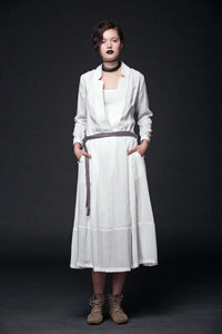 White Linen Dress - Maxi Long Open Neck Long Sleeve with Tiered Skirt & Tie Belt Womens Dress (C515)
