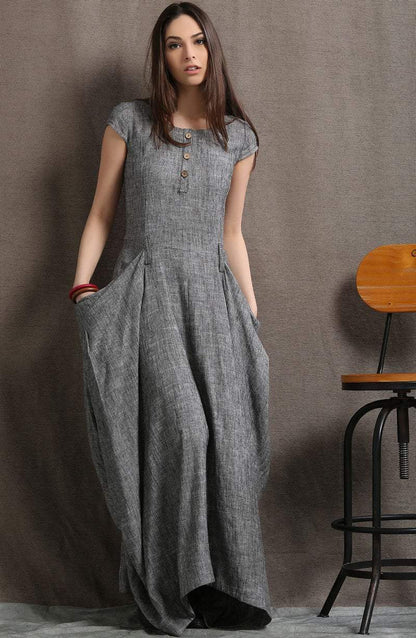 Gray Linen Dress - Long Maxi Boho Style Short Sleeved Shift Dress with Two Large Pockets Spring Summer Fashion (C427)