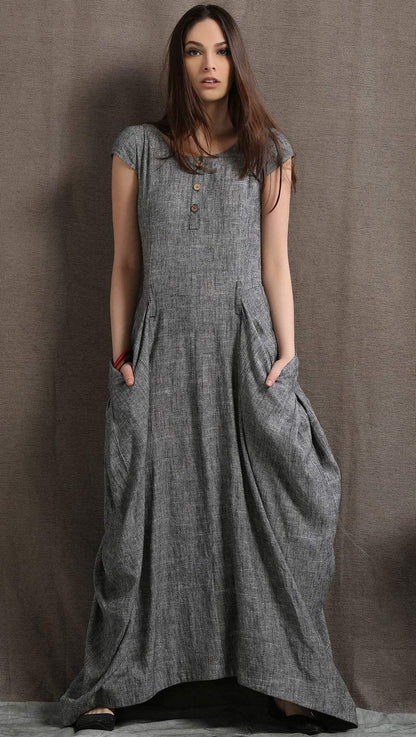 Gray Linen Dress - Long Maxi Boho Style Short Sleeved Shift Dress with Two Large Pockets Spring Summer Fashion (C427)