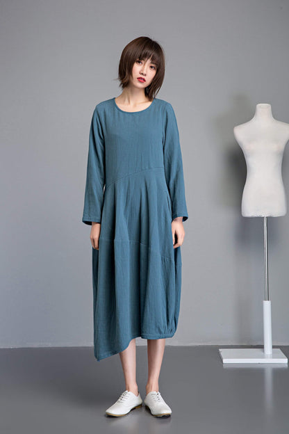 linen loose summer dress with long sleeves and pockets C1235