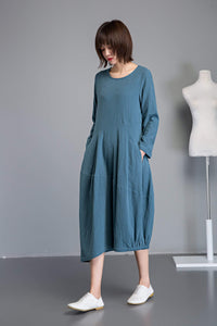 linen loose summer dress with long sleeves and pockets C1235