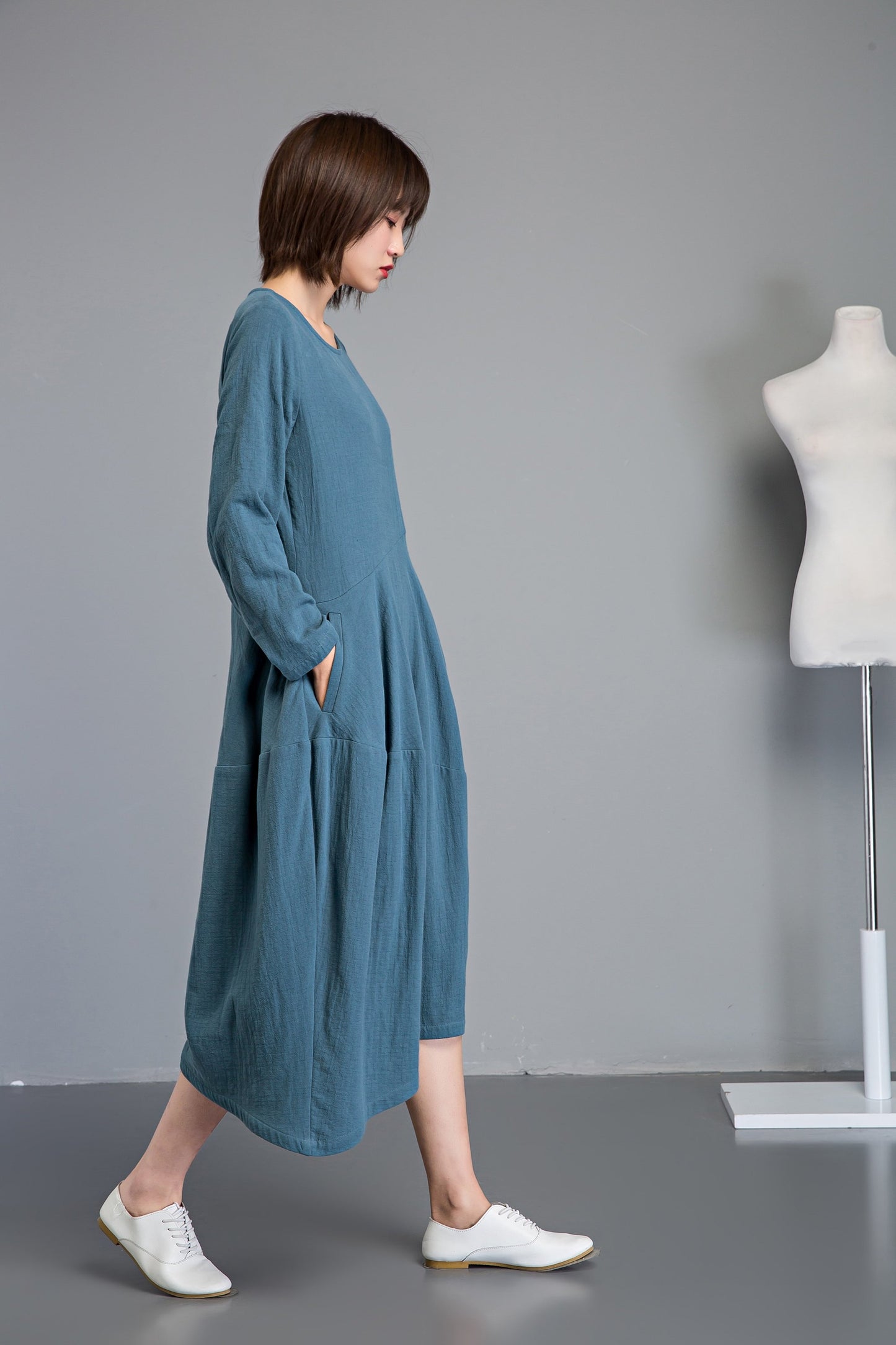 linen loose summer dress with long sleeves and pockets C1235