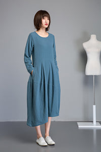 linen loose summer dress with long sleeves and pockets C1235
