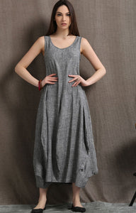 Gray Maxi Dress - Linen Sleeveless Long Marl Grey Summer Dress with Tulip Shaped Skirt Handmade Plus Size Dress C417