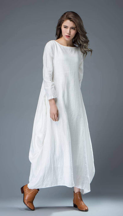 White dress, linen dress, long linen dress, maxi dress, casual dress, loose linen dress, long sleeves dress, oversized dress C821