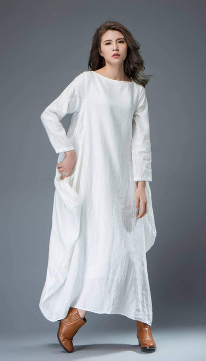 White dress, linen dress, long linen dress, maxi dress, casual dress, loose linen dress, long sleeves dress, oversized dress C821