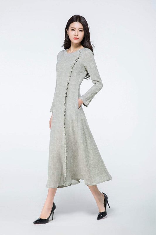 Linen dress, gray linen dress, long linen dress, dress with sleeves, loose dress,  long sleeve dress, linen women clothing, long dress C1068