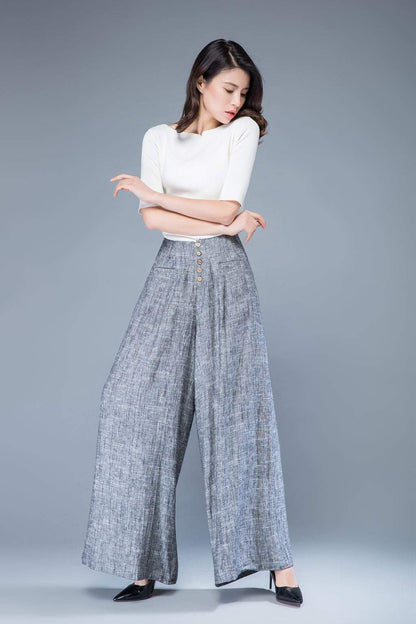 gray linen Wide leg pants, palazzo pants, loose linen pants, high waisted pants, linen pants women, summer linen pants, pants women C1055