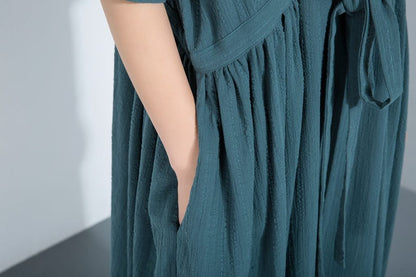 Green linen dress, loose linen dress, long linen dress, maxi linen dress, full length dress, drawstring dress, Plus size dress C1111