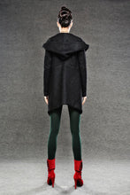 Load image into Gallery viewer, Black Winter Pea Coat - Wrap Around Short Hooded Womens Coat with Asymmetrical Hem (C038)

