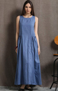 Maxi Linen Dress - Blue Long Casual Comfortable Sleeveless Women's Summer Dress with 2 Large Pockets C426