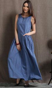 Maxi Linen Dress - Blue Long Casual Comfortable Sleeveless Women's Summer Dress with 2 Large Pockets C426