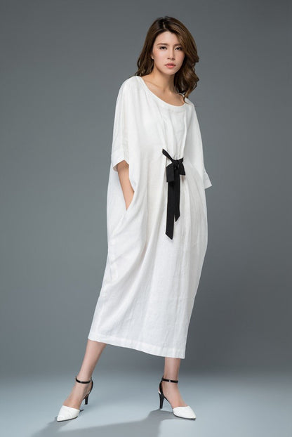 White Linen Dress - Loose-Fitting Casual or Smart Women's Designer Dress with Black Ribbon Tie & Batwing Sleeves C913