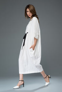 White Linen Dress - Loose-Fitting Casual or Smart Women's Designer Dress with Black Ribbon Tie & Batwing Sleeves C913