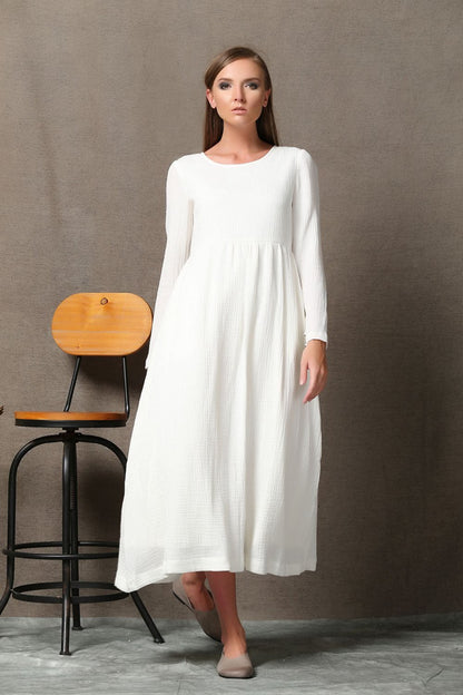 Casual long sleeve white maxi dress C555