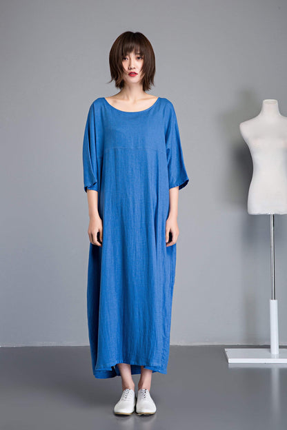 Blue linen dress, Plus size linen dress, linen dress, long sleeve dress, long linen dress, loose linen dress, summer linen dress  C1236
