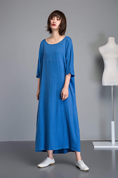 Blue linen dress, Plus size linen dress, linen dress, long sleeve dress, long linen dress, loose linen dress, summer linen dress  C1236