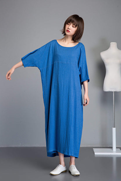 Blue linen dress, Plus size linen dress, linen dress, long sleeve dress, long linen dress, loose linen dress, summer linen dress  C1236