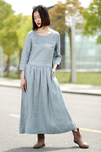 Blue Linen Dress - Long Maxi Casual Summer Loose-Fitting Comfortable Woman's House or Everyday Dress C359