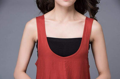 Red Linen Dress - Free-Style Casual Loose-Fitting Tulip-Shaped Everyday Modern Contemporary Unique Designer Dress C888