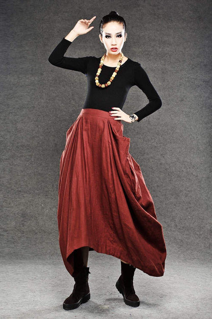 Red Linen Maxi Skirt - Long Length with Asymmetrical Hemline, Ruched Detail and Deep Side Pockets Fall Autumn/Winter Fashion C050