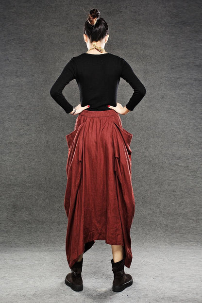 Red Linen Maxi Skirt - Long Length with Asymmetrical Hemline, Ruched Detail and Deep Side Pockets Fall Autumn/Winter Fashion C050