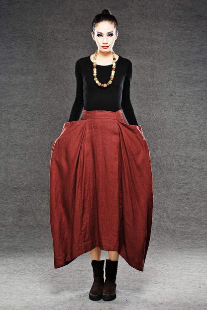 Red Linen Maxi Skirt - Long Length with Asymmetrical Hemline, Ruched Detail and Deep Side Pockets Fall Autumn/Winter Fashion C050