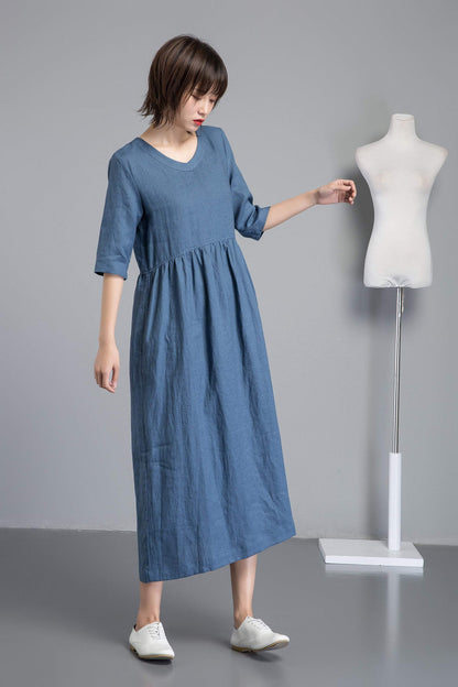 Simiple linen dress, Blue linen dress, womens dresses, long linen dress with pockets, loose linen dress, linen clothing C1256