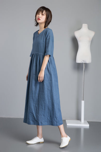 Simiple linen dress, Blue linen dress, womens dresses, long linen dress with pockets, loose linen dress, linen clothing C1256