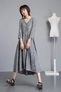 Linen shirt dress for women, asymmetrical linen tunic dress for summer, gray linen dress with pockets, long V neck dress with buttons C1253