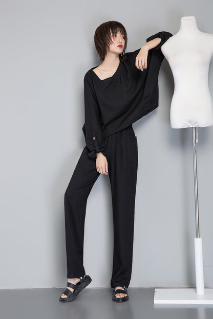 black long linen pants with pocket C1263