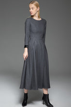 Load image into Gallery viewer, Gray Wool Dress, Classic Long Fitted Tailored Warm Winter Dress with Long Sleeves Round Neck &amp; Black Leather Cuffs C780
