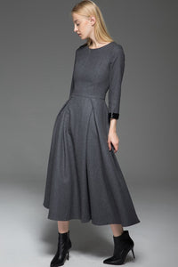 Gray Wool Dress, Classic Long Fitted Tailored Warm Winter Dress with Long Sleeves Round Neck & Black Leather Cuffs C780