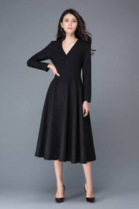 Wool dress, winter dress, black dress, long wool dress, V neck dress, midi wool dress, womens dress, black wool dress, fit dress C1027